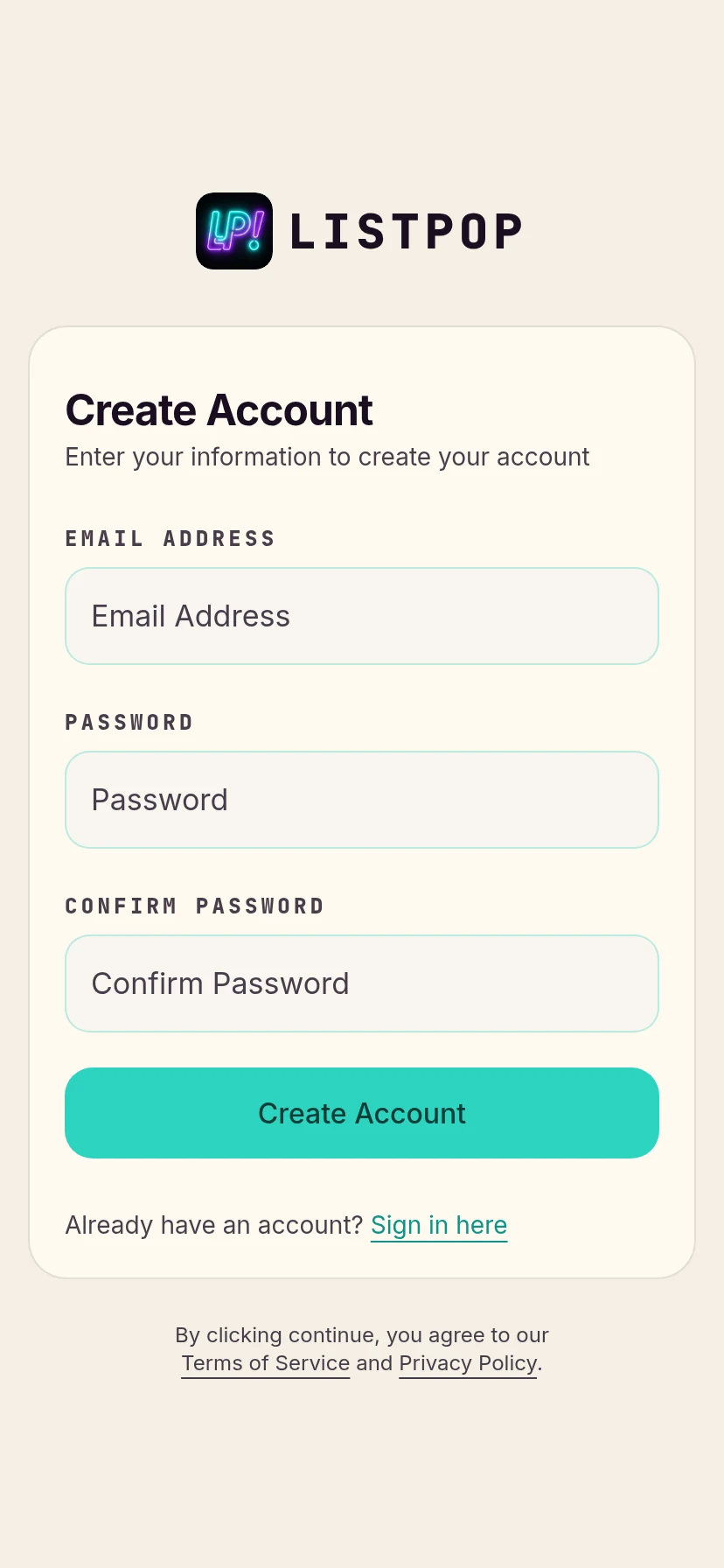 Empty create account form