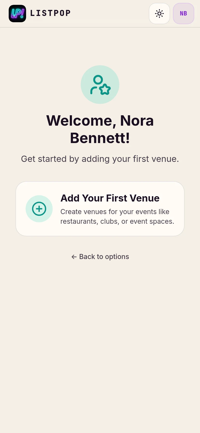 Prompt to add the first venue