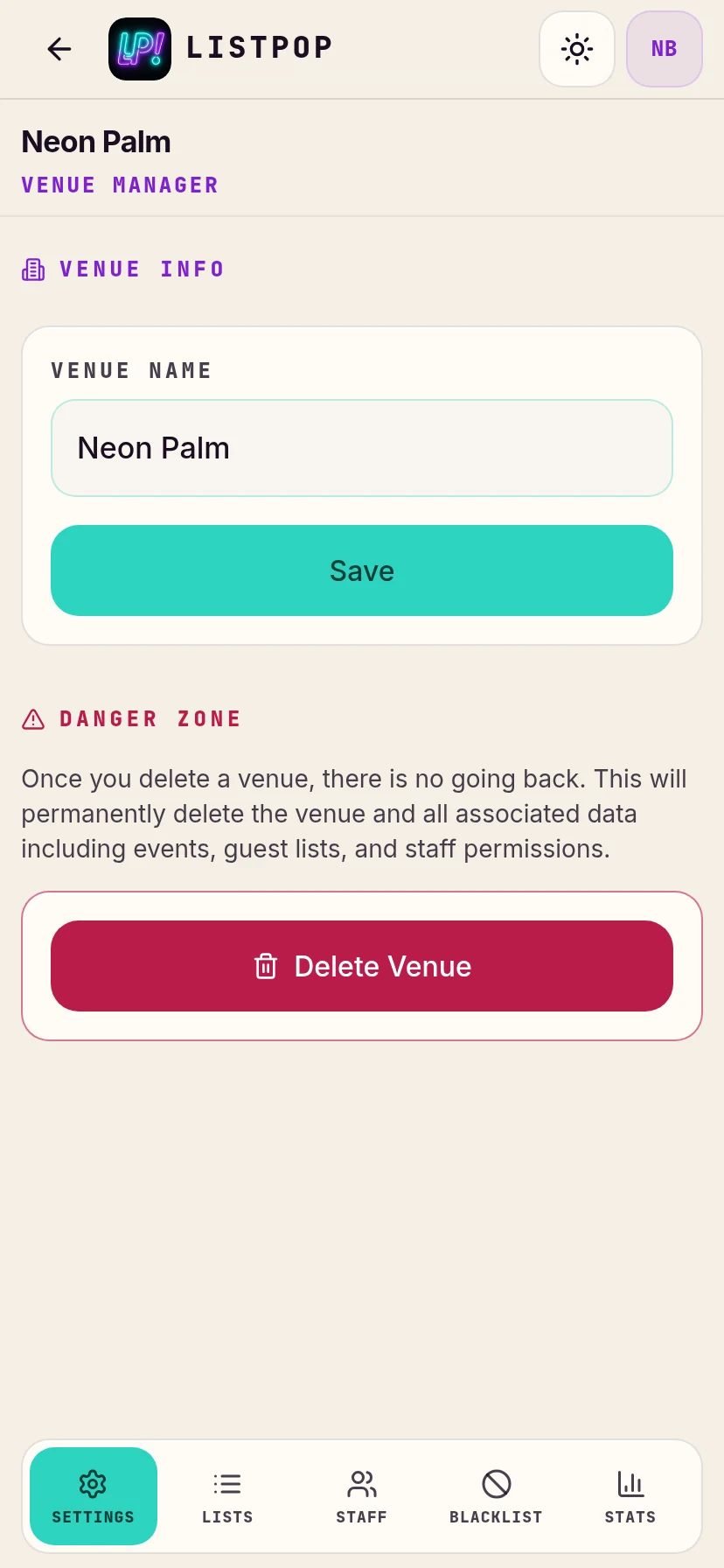 Venue settings tab