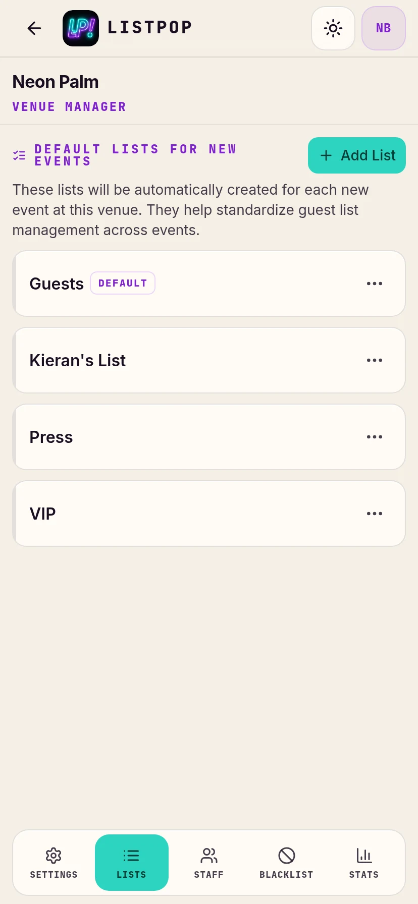 Venue with four guest lists set up