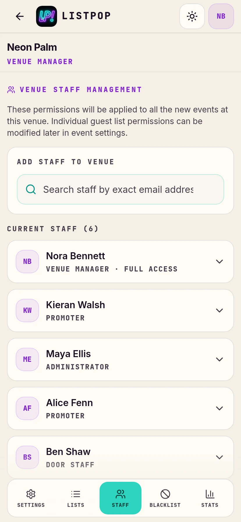 Venue staff list with five members