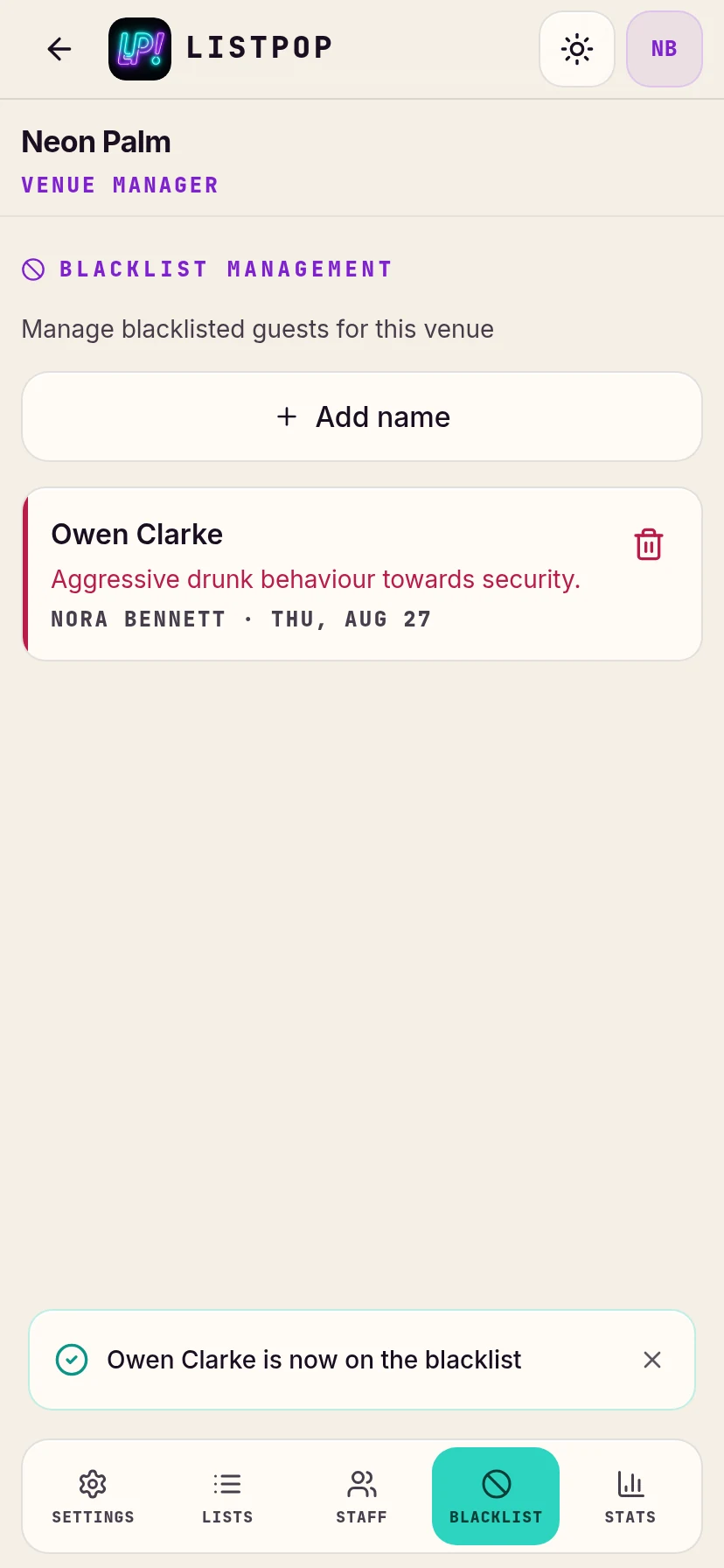 A blacklist entry saved