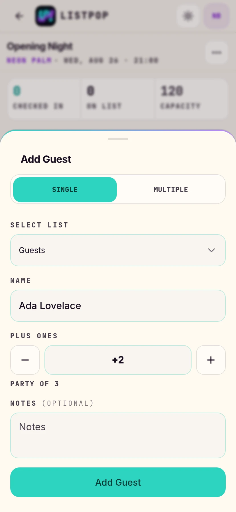 Single guest form with a name and two plus ones