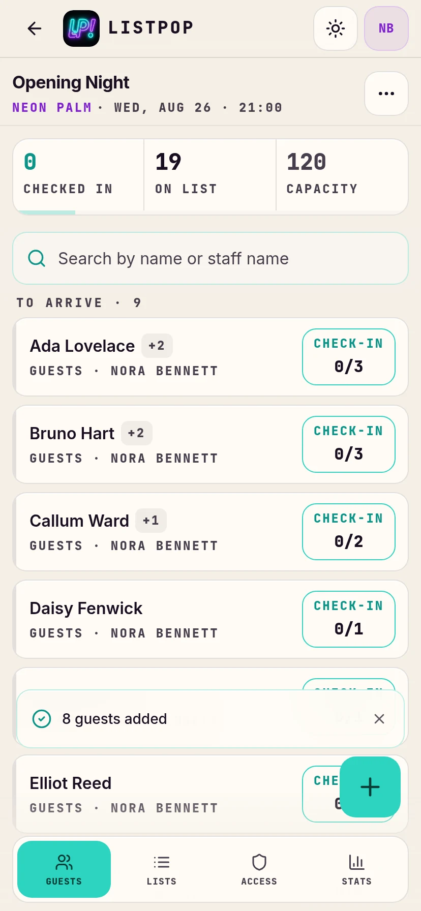 Eight guests added, list now populated