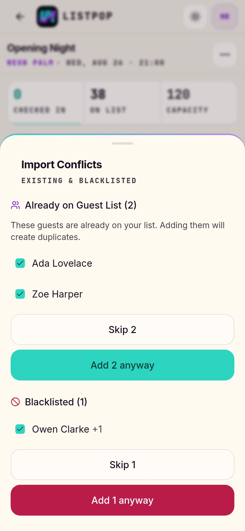 Step two showing names already on the list and a banned name