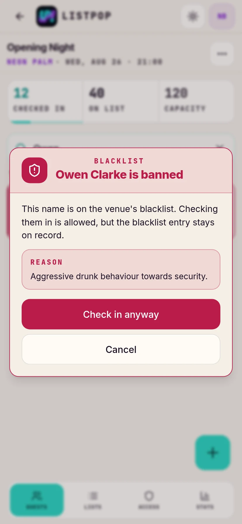 Warning dialog showing the ban reason