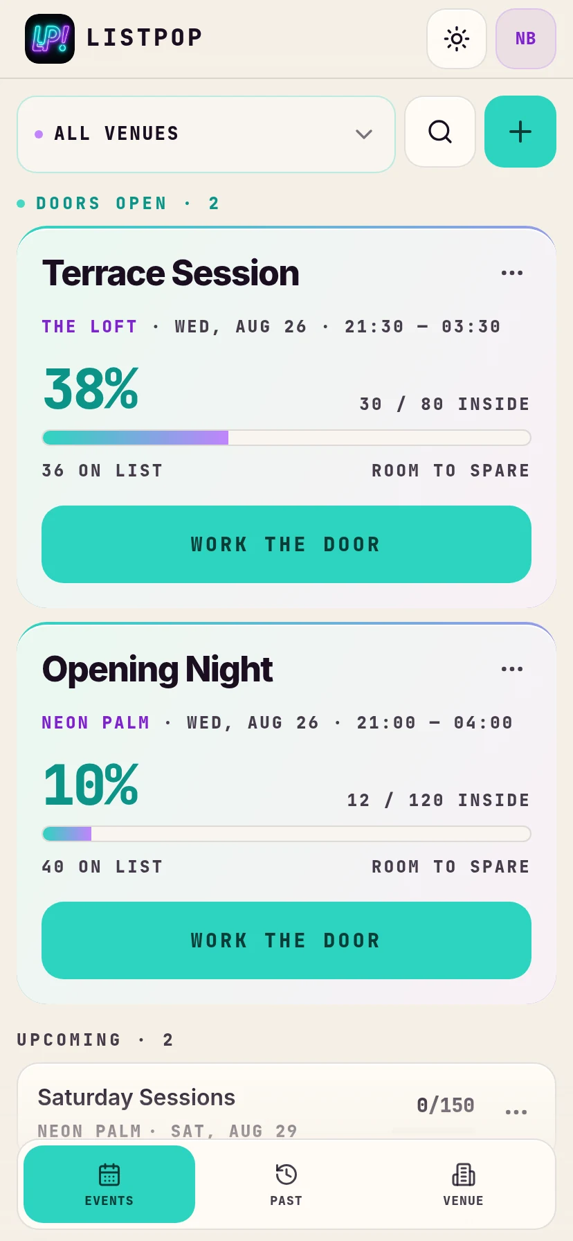 ListPop home screen showing two events with doors open